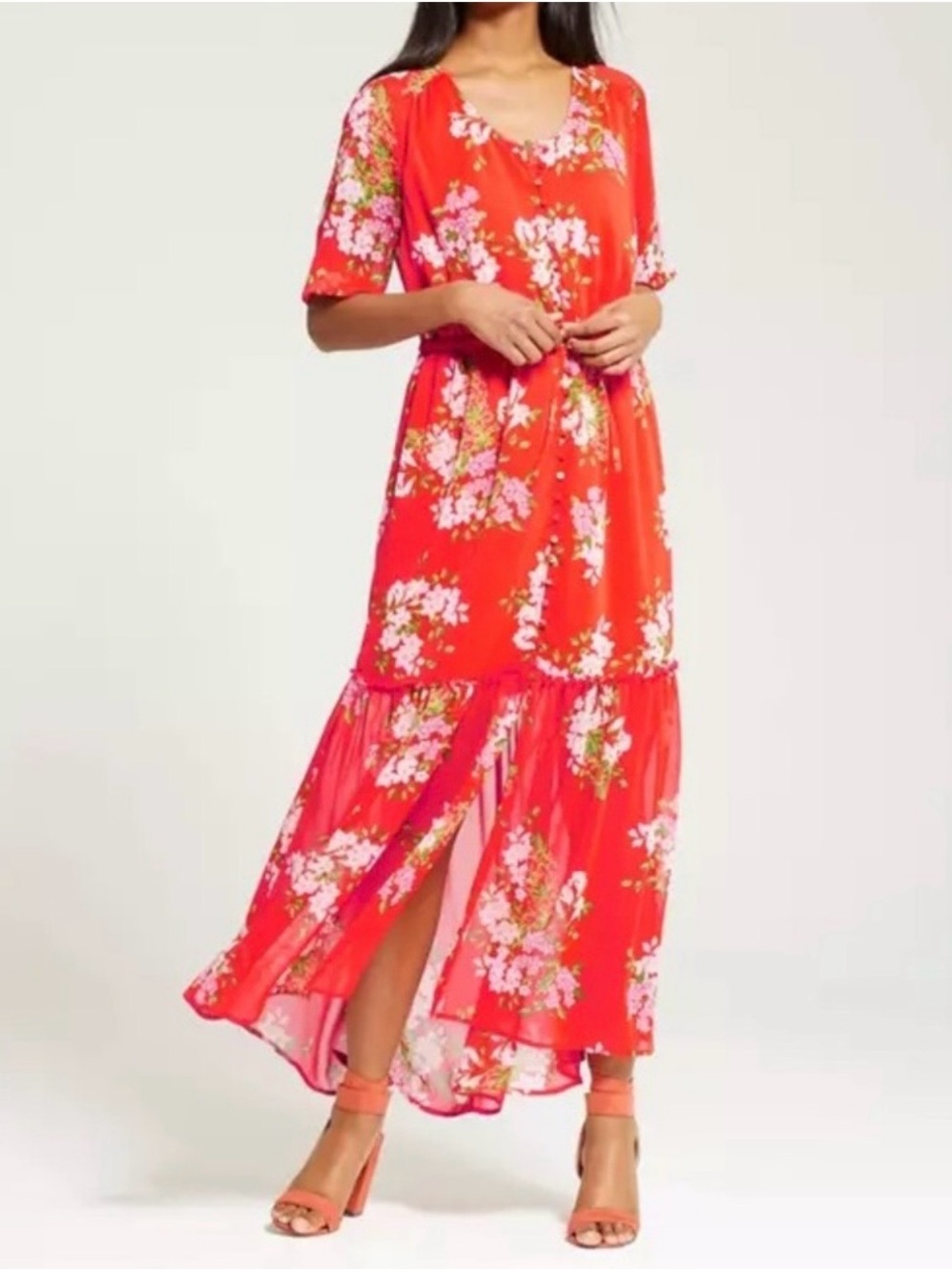 Who What Wear Red Floral Maxi Dress with Pink Blossoms, size M